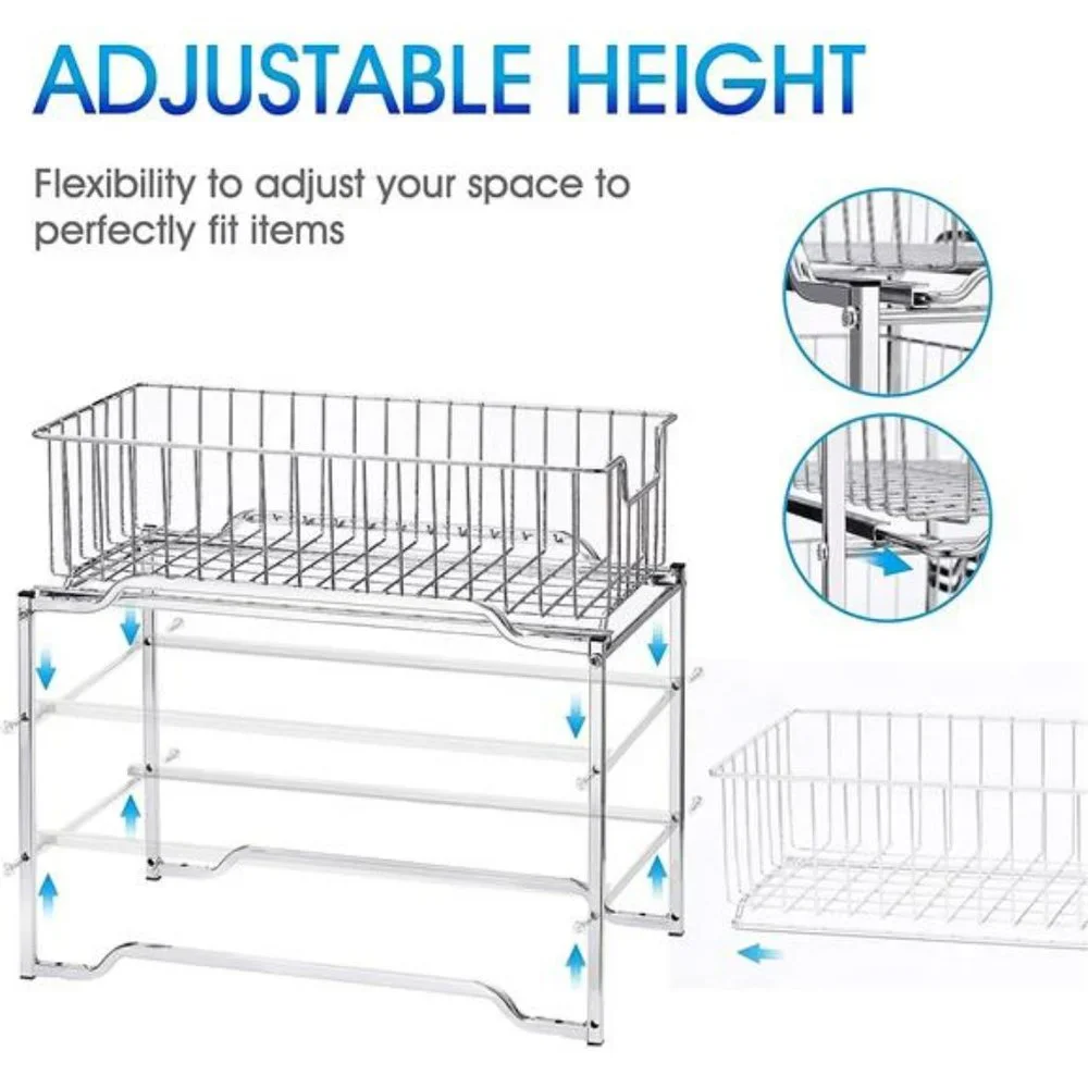 Stackable 2-Tier Under Sink Cabinet Organizer w/ Sliding Storage Drawer, Chrome